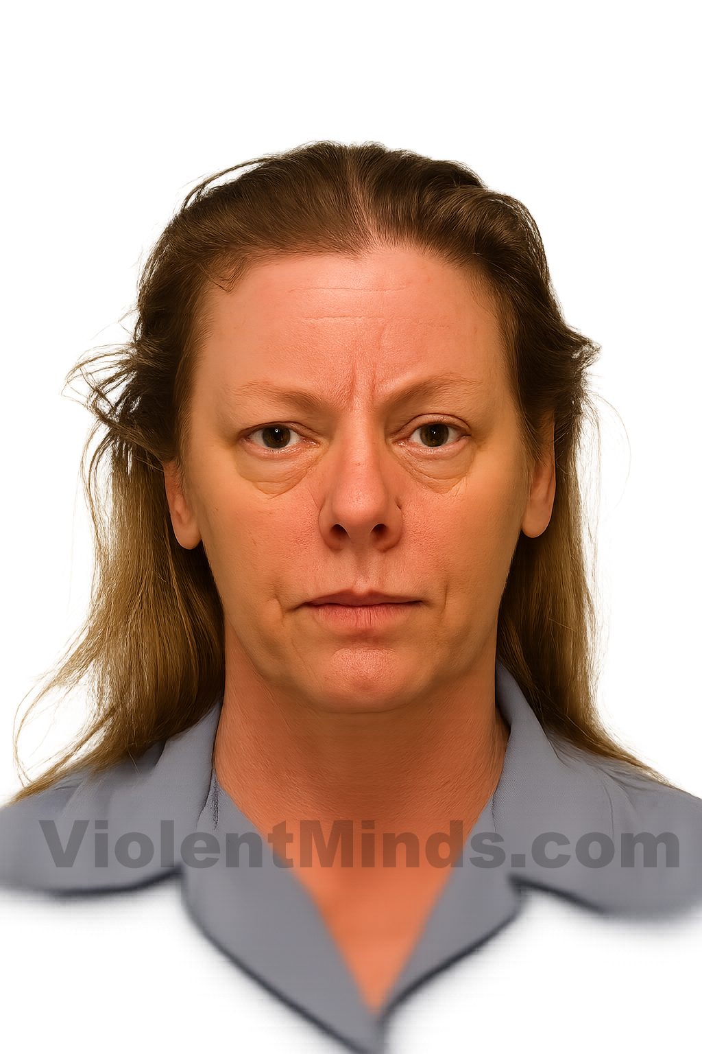 Digitally enhanced and re-rendered portrait of Aileen Wuornos, based on an original mugshot from the Florida Department of Corrections in or around 2002.
