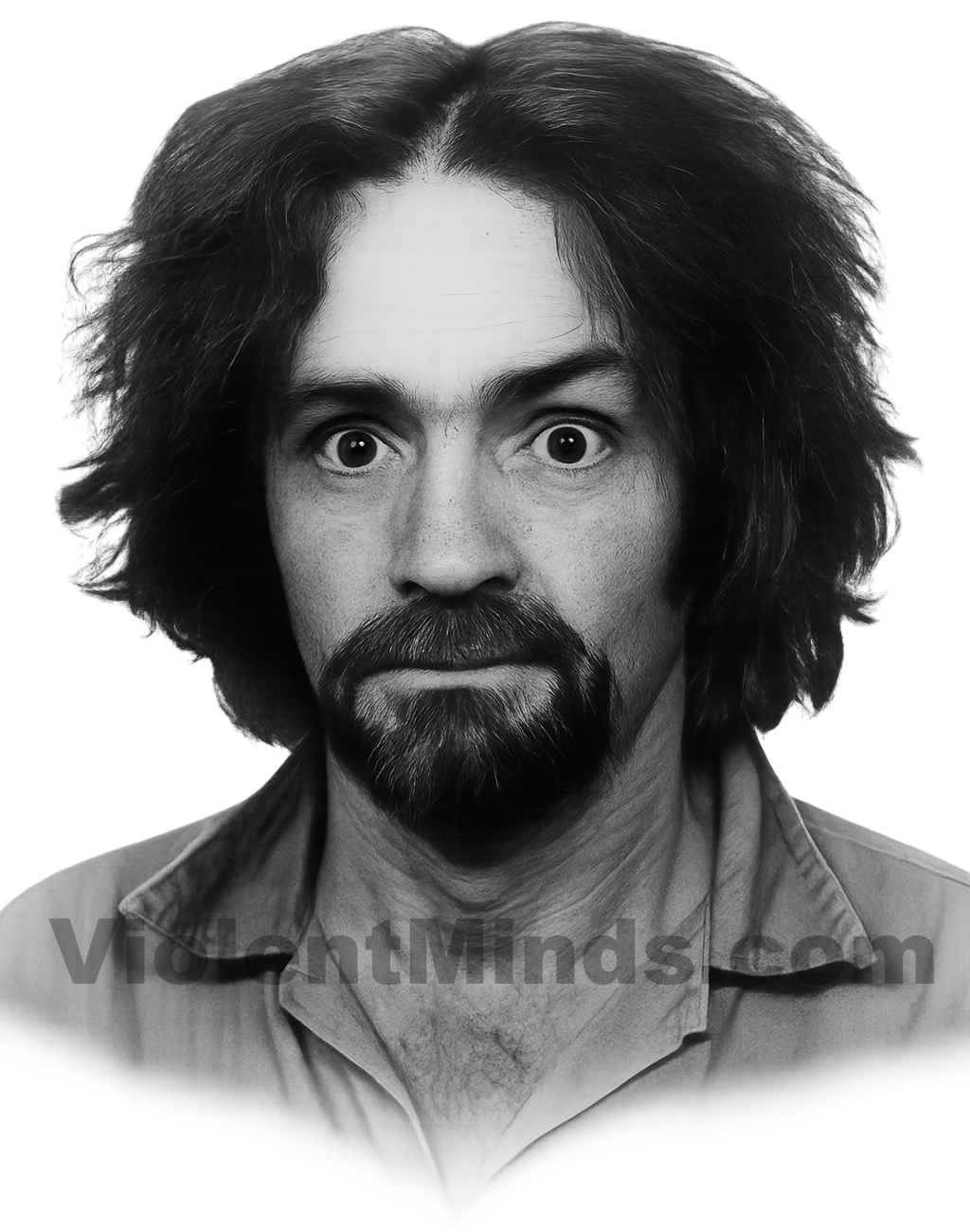 Digitally enhanced and re-rendered portrait of Charles Miles Manson, one of the Hillside Stranglers, based on an original mugshot from the California Department of Corrections and Rehabilitation, April 1968.