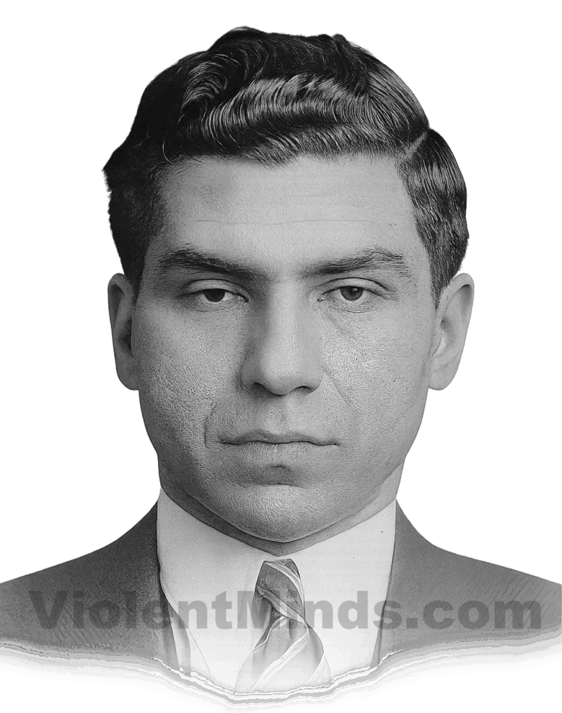 Digitally enhanced and re-rendered portrait of notorious mobster Charles Luciano, based on an original mugshot taken by New York Police Department (NYPD) in 1931. Luciano was arrested in Manhattan, where Luciano operated much of his criminal enterprise and where the NYPD's organized crime division was based. New York County District Attorney, Case File 211537