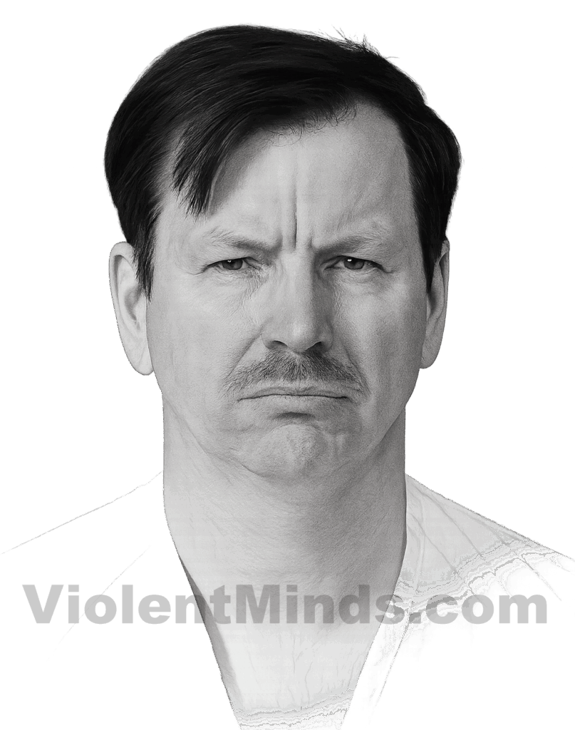 Digitally enhanced and re-rendered portrait of Gary Ridgway, the Green River Killer, based on an original mugshot from the King County Sheriff's Office in Washington. Ridgway was arrested on November 30, 2001 after nearly 20 years of investigation as he was leaving the Kenworth truck factory where he worked as a spray painter in Renton, Washington.