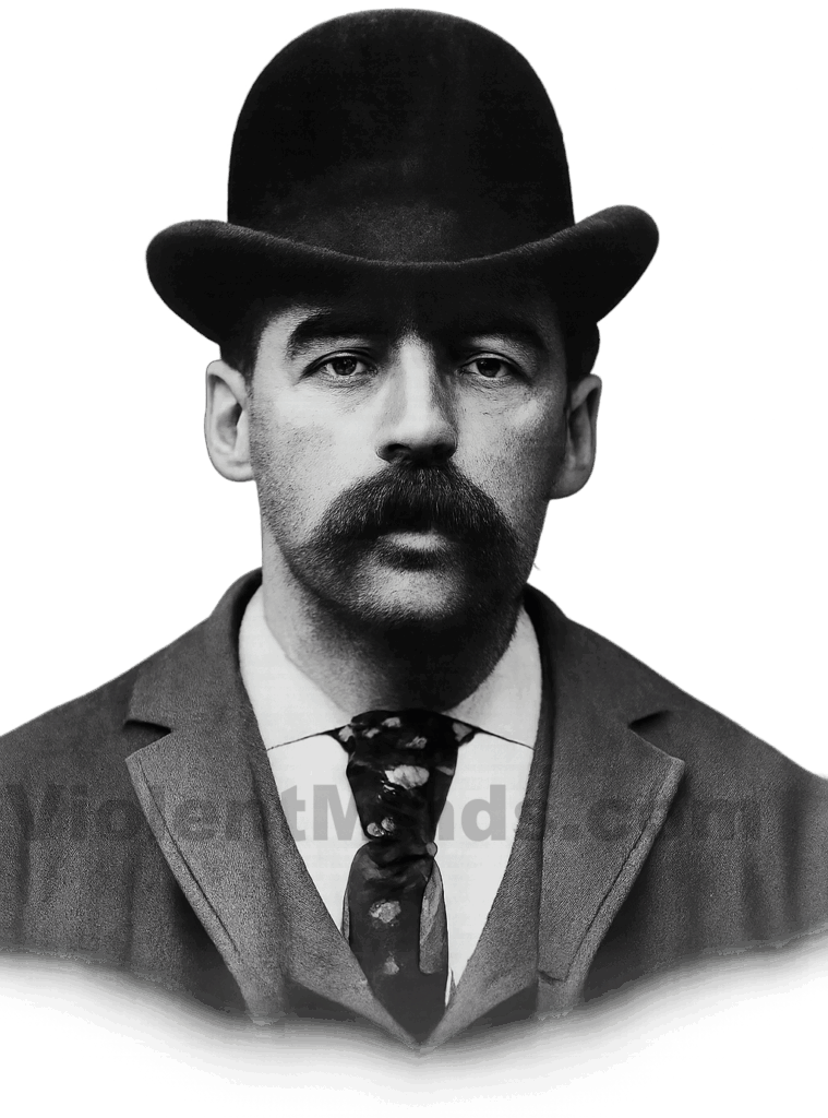 Digitally enhanced and re-rendered mugshot of H.H. Holmes, the infamous serial killer active in the late 19th century. Based on historical records, the original photograph was taken in Philadelphia, Pennsylvania, in 1895 by law enforcement connected with the Philadelphia Police Department. Holmes was held in Moyamensing Prison, which was the main detention facility in the city at the time.