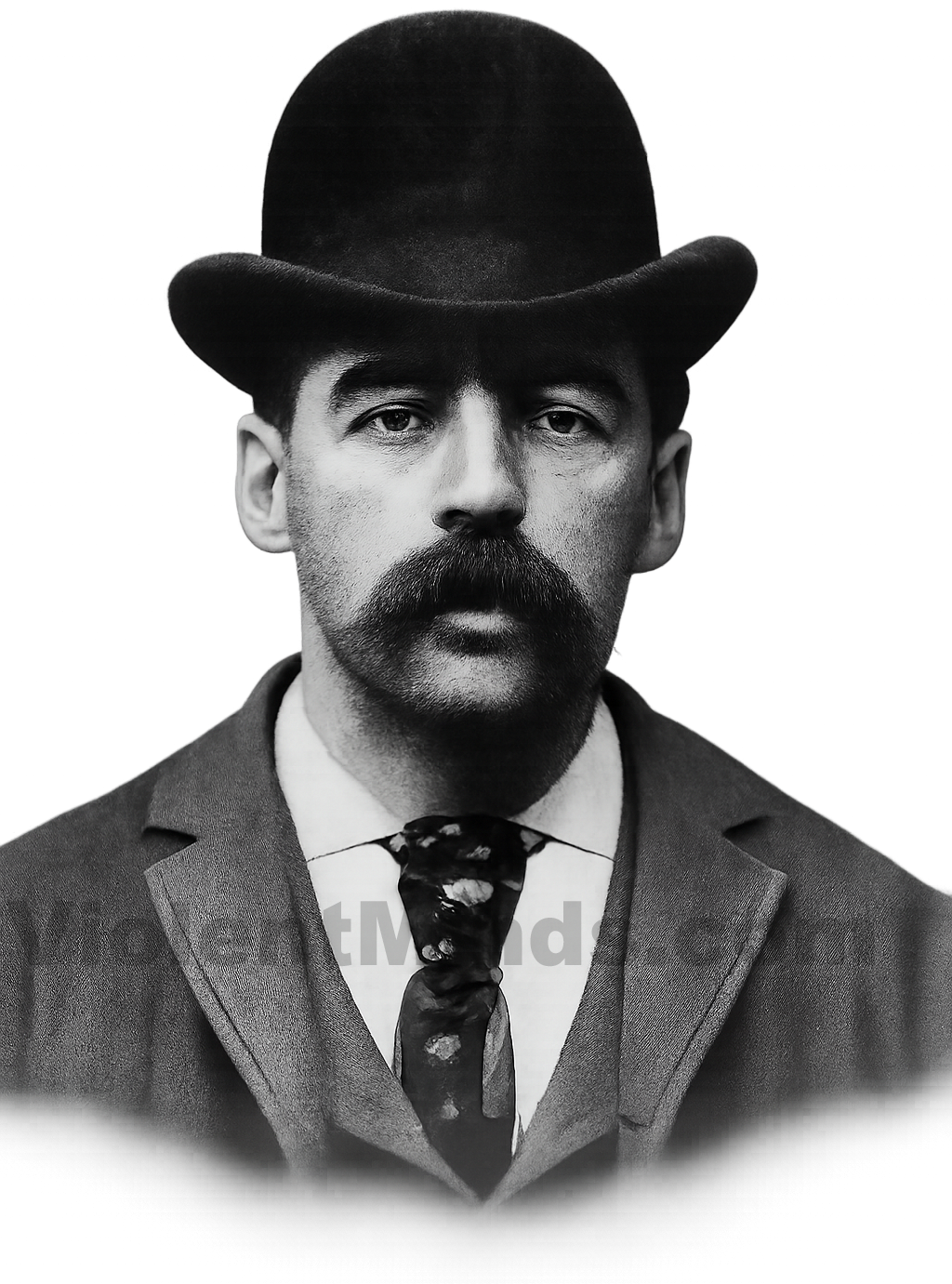 Digitally enhanced and re-rendered mugshot of H.H. Holmes, the infamous serial killer active in the late 19th century. Based on historical records, the original photograph was taken in Philadelphia, Pennsylvania, in 1895 by law enforcement connected with the Philadelphia Police Department. Holmes was held in Moyamensing Prison, which was the main detention facility in the city at the time.