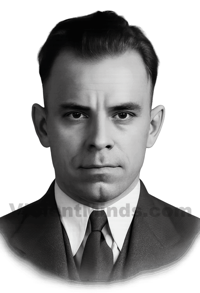 Digitally enhanced and re-rendered mugshot of John Dillinger, one of America’s most notorious Depression-era bank robbers. This particular photo is widely believed to have been taken in 1929 or 1930, shortly after Dillinger's first arrest for attempted robbery and assault in Indiana.