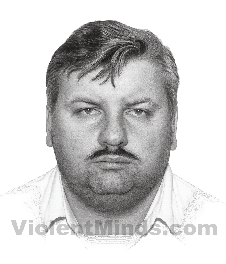 Digitally enhanced and re-rendered portrait of John Wayne Gacy, also known as the Killer Clown, based on an original mugshot from the Des Plaines Police Department. Gacy was arrested  on on December 21, 1978 at his home in Norwood Park Township, part of the greater Chicago area. 