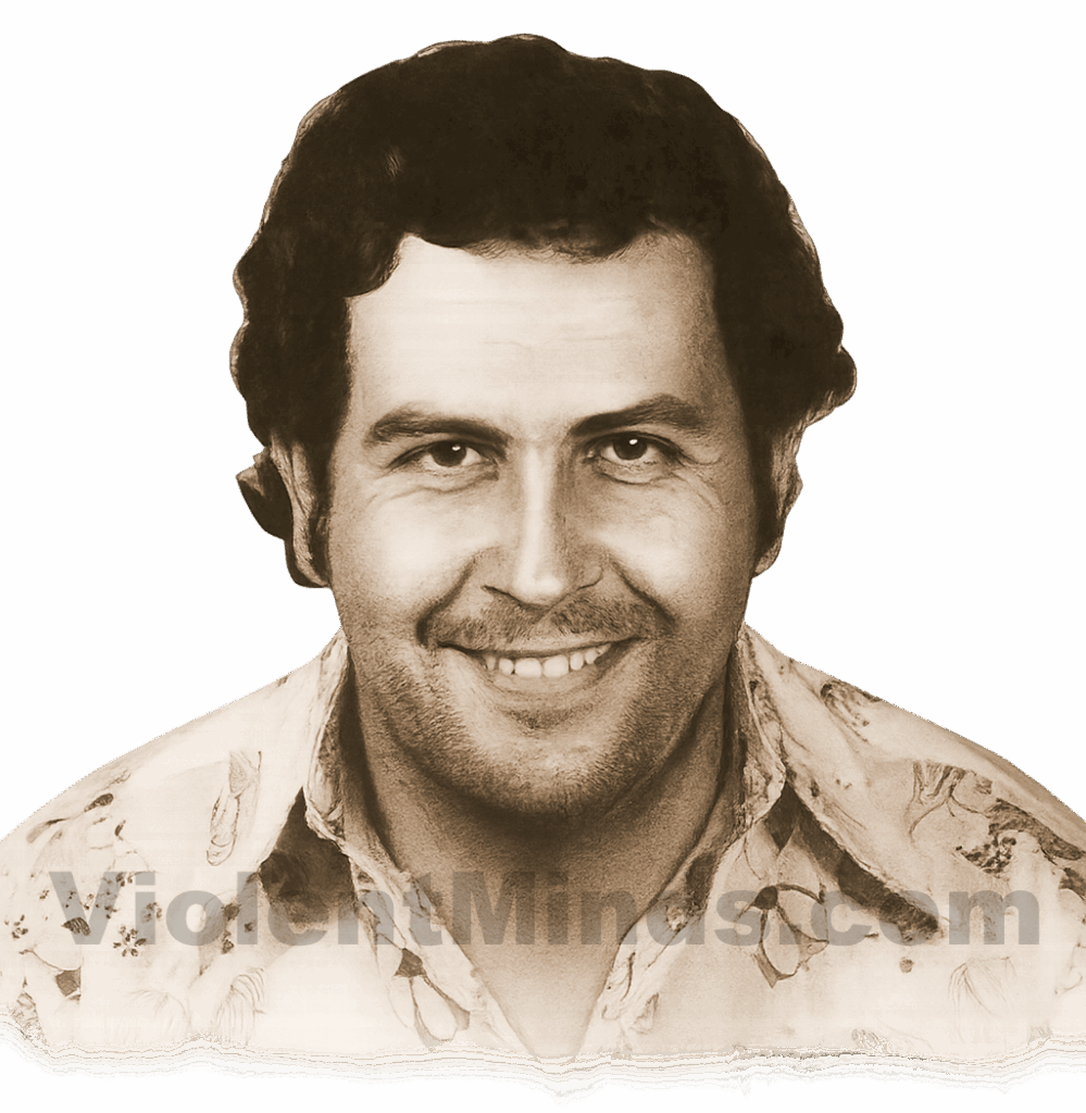 Digitally enhanced and re-rendered mugshot of Colombian drug lord Pablo Escobar, taken in 1977 by authorities in Medellín, Colombia. At the time, Escobar was briefly arrested by the Medellín regional judicial police for charges that included possession of 39 pounds of cocaine and involvement in criminal activities. However, as was common during the height of his power, Escobar quickly secured his release through bribery or intimidation.