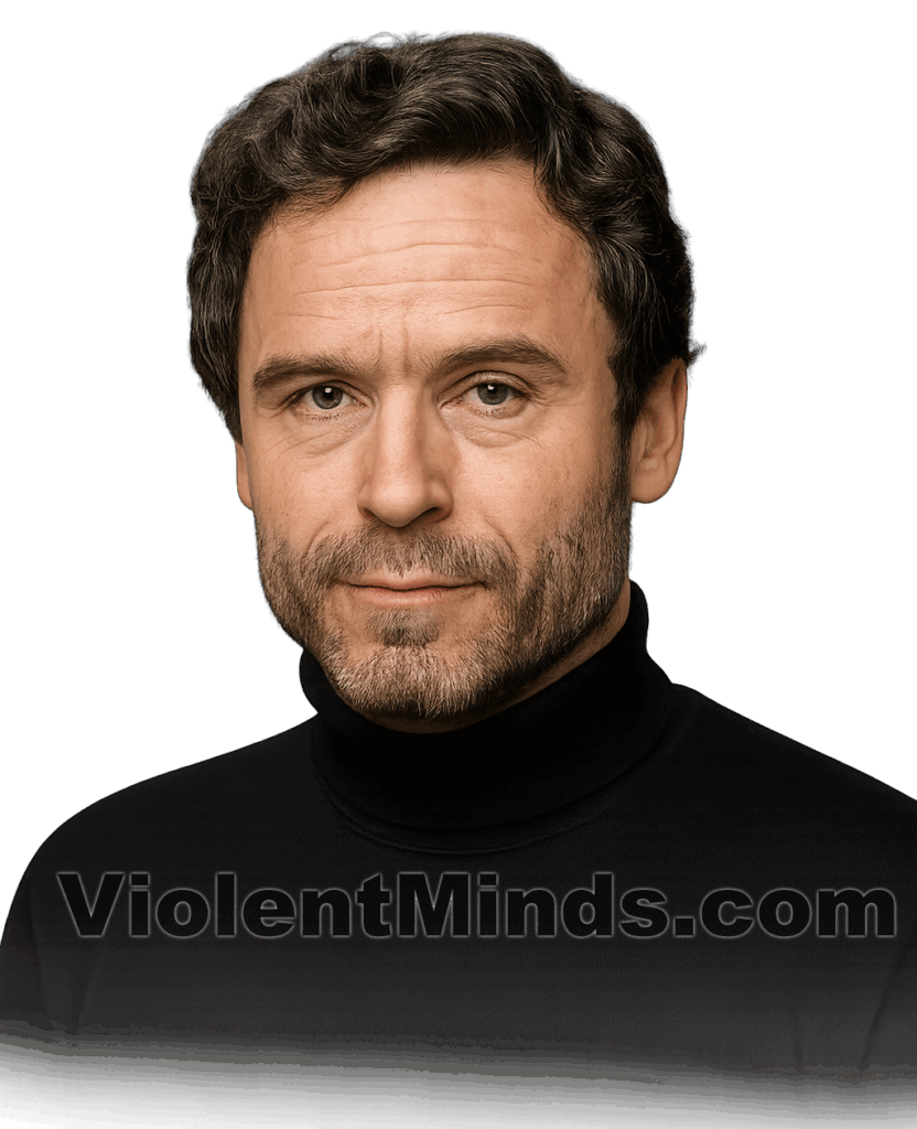 Digitally enhanced and re-rendered portrait of Ted Bundy, based on an original mugshot from the Pensacola Police Department. Bundy was arrested on February 15, 1978, when he was stopped by Pensacola Police Officer David Lee because the Volkswagen Beetle he was driving was reported stolen.