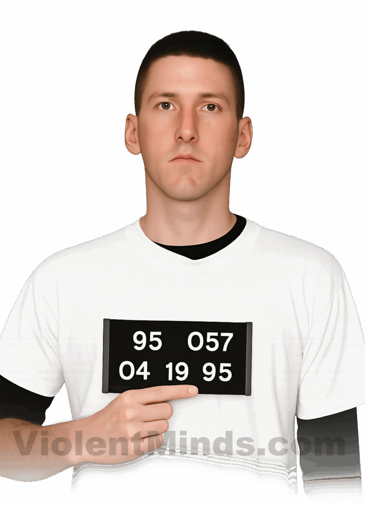 Digitally enhanced and re-rendered mugshot of Timothy McVeigh, taken on April 19, 1995, the same day as the Oklahoma City bombing, one of the deadliest acts of domestic terrorism in U.S. history. McVeigh was initially stopped for a missing license plate by the Oklahoma Highway Patrol. This photo became iconic in the aftermath of the bombing that killed 168 people, including 19 children, and injured hundreds more at the Alfred P. Murrah Federal Building.