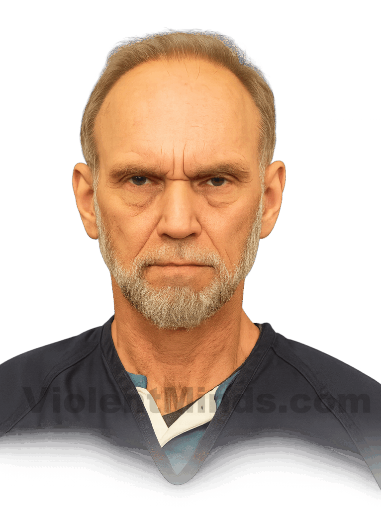 Digitally enhanced and re-rendered mugshot of Gary Michael Hilton, also known as The National Forest Serial Killer,  taken on January 4, 2008, by authorities in Georgia, shortly after his arrest for the murder of Meredith Emerson, a 24-year-old hiker who went missing on New Year’s Day 2008 while hiking in the Chattahoochee National Forest. Hilton was arrested after being seen cleaning his van, which led to investigators discovering blood evidence.