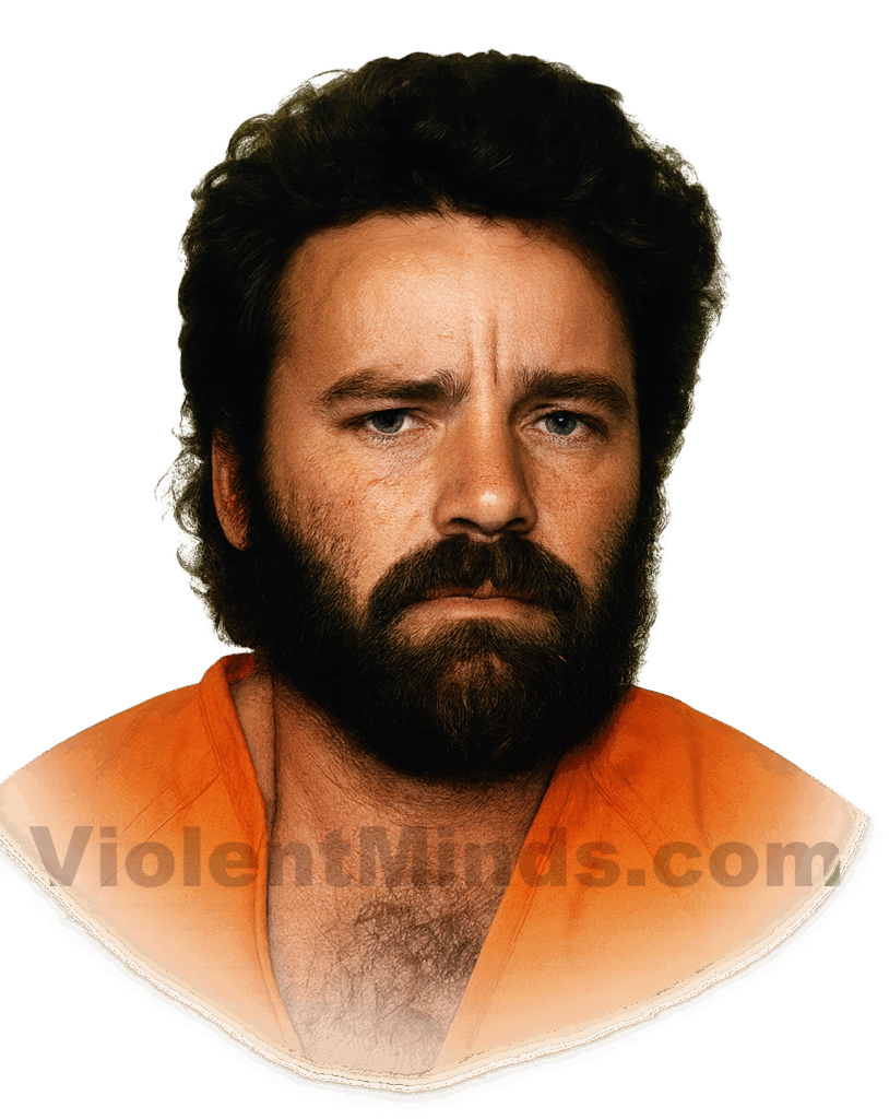 Digitally enhanced and re-rendered mugshot of Tommy Lynn Sells, a convicted American serial killer, taken during his incarceration in Texas. Known for his transient lifestyle and brutal crimes across multiple states, Sells was dubbed the “Coast to Coast Killer.” This particular image, captured following one of his many arrests in the 1990s, shows him in an orange prison jumpsuit with a disheveled appearance, unkempt dark hair, and a thick beard. His piercing blue eyes and solemn expression reflect a hardened, volatile personality. Sells was ultimately convicted of multiple murders and executed by lethal injection in 2014.