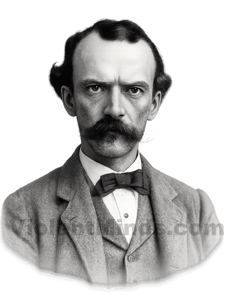 Digitally enhanced and re-rendered mugshot of Edgar J. Watson, an infamous outlaw and suspected serial killer of the late 19th and early 20th century. Watson, believed to have killed numerous individuals across Florida’s Everglades frontier—including his own workers—was known for his violent temper and criminal reputation. The image, believed to date from the late 1800s, portrays a stern man in formal dress, his piercing stare and curled mustache reinforcing his fearsome persona. Watson was ultimately killed in 1910 by local residents in Chokoloskee, Florida, after tensions over his alleged crimes came to a head. He was approximately 57 years old at the time of his death.