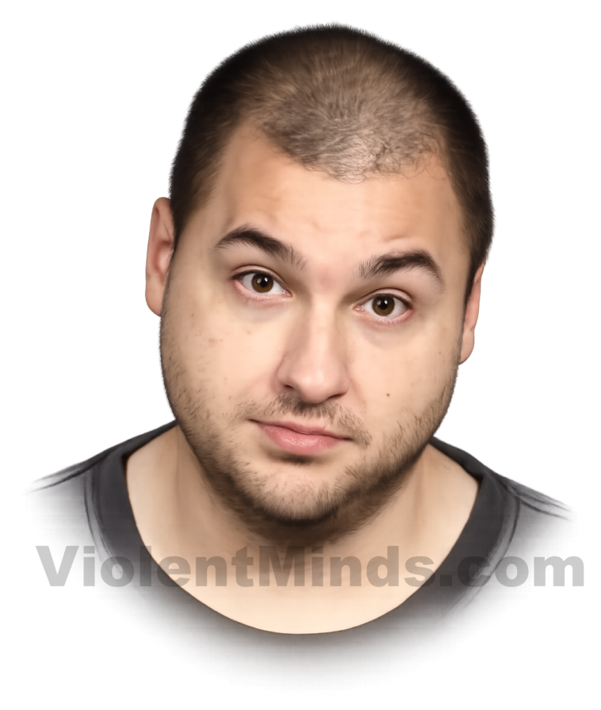 A digitally recreated mugshot of Shane Schindler, a Bay City native accused of targeting homeless men in a series of violent attacks.