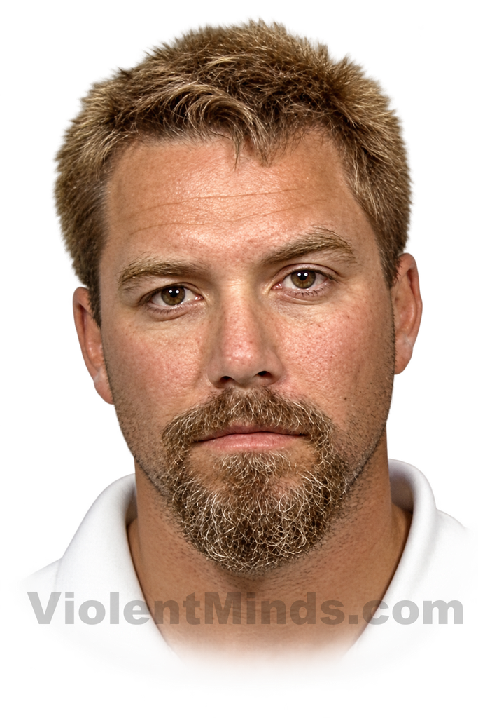 Digitally enhanced and re-rendered mugshot of Scott Peterson, after he was arrested on April 18, 2003, near the Torrey Pines Golf Course in La Jolla, California, north of San Diego and roughly 25 miles from the Mexican border. At the time of his arrest, Peterson had lightened his hair and goatee and was carrying nearly $15,000 in cash.
