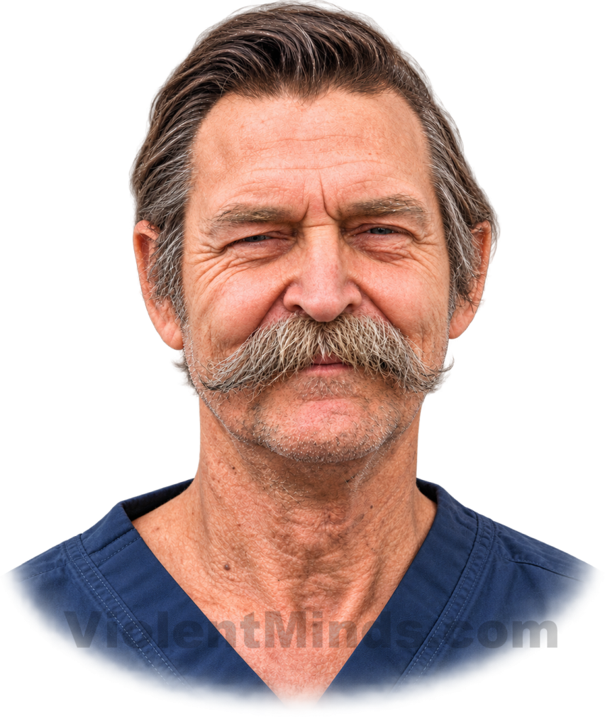 Digitally enhanced and re-rendered portrait of David Parker Ray, the American kidnapper and suspected serial killer known as the “Toy-Box Killer,” based on an original New Mexico law-enforcement photograph. Ray was arrested in March 1999 after a woman escaped from captivity near his home in Elephant Butte, New Mexico, and sought help. Investigators subsequently discovered a soundproofed trailer he had equipped with restraints and torture devices; although authorities suspected Ray may have murdered multiple victims, no bodies were recovered and he was never convicted of murder.