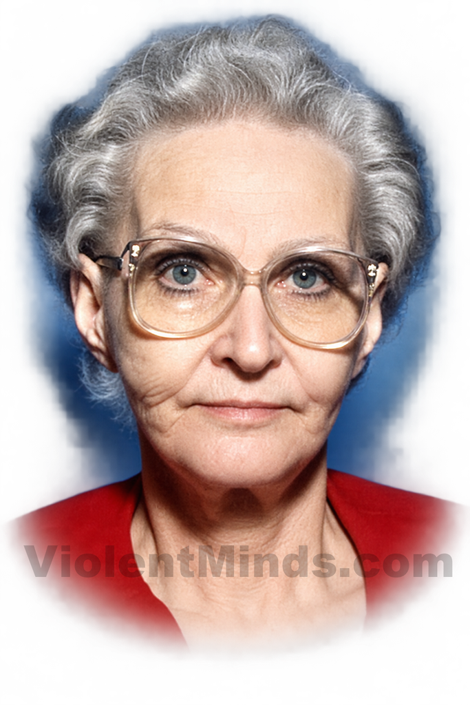 Digitally enhanced and re-rendered portrait of Dorothea Puente, the convicted serial killer who became known as the “Death House Landlady,” based on an original law-enforcement photograph. Puente operated a boarding house at 1426 F Street in Sacramento, California, where investigators discovered seven bodies buried on the property in November 1988. She fled Sacramento during the investigation but was arrested several days later in Los Angeles and was ultimately convicted in 1993 of three murders and sentenced to life in prison without the possibility of parole.